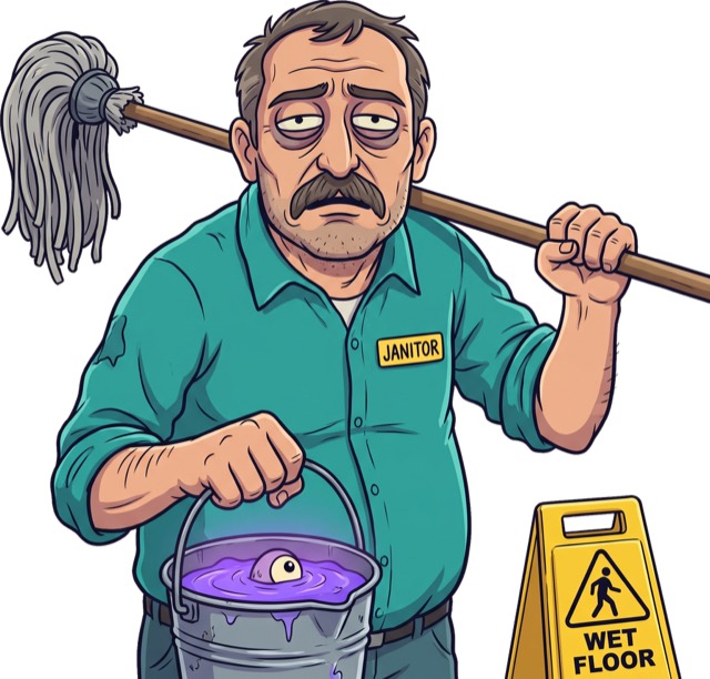THE JANITOR, mop at the ready