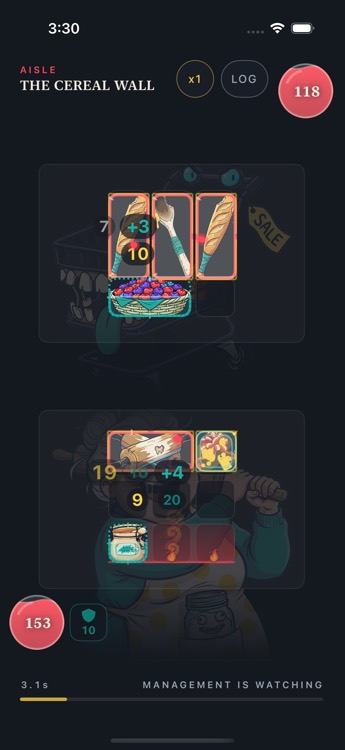 Mid-fight: NANA's cart of baguettes and preserves against THE CEREAL WALL, damage numbers flying